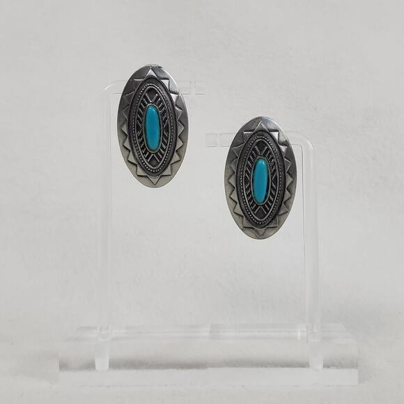 Vintage Southwest Style Pierced Earrings Faux Turquoise Cabochons Signed ©JJ - Picture 1 of 5